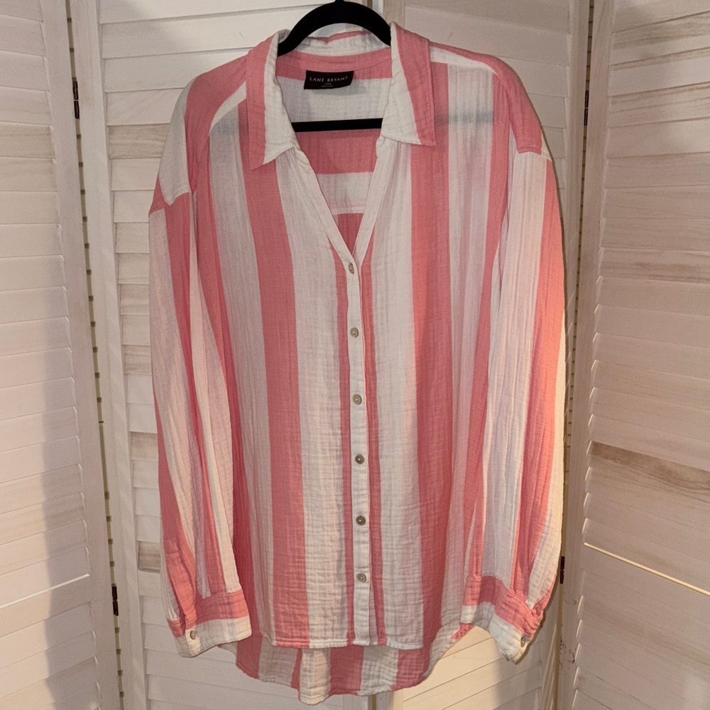 Pink and White Striped Button-Up Shirt